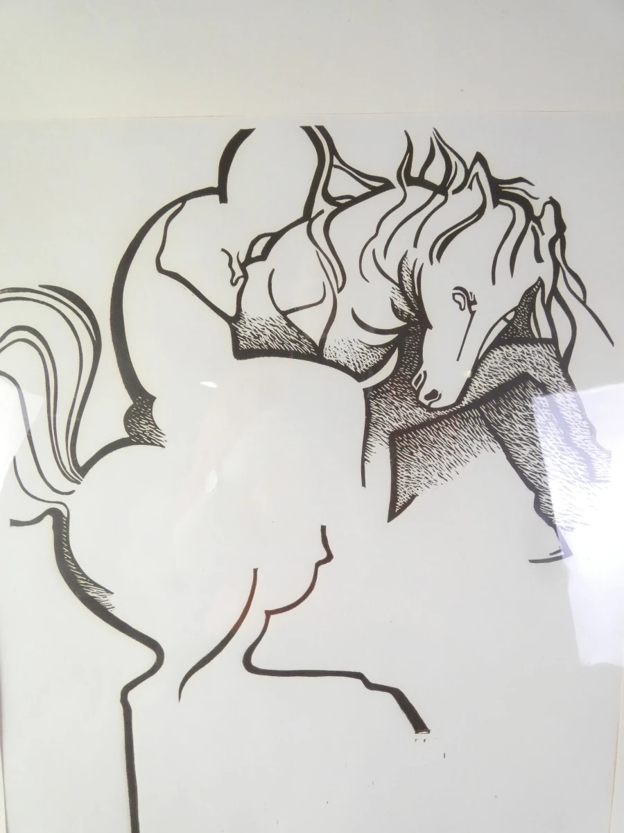 Linosnede van paard en ruiter, gesigneerd Paul Brouwers 1973