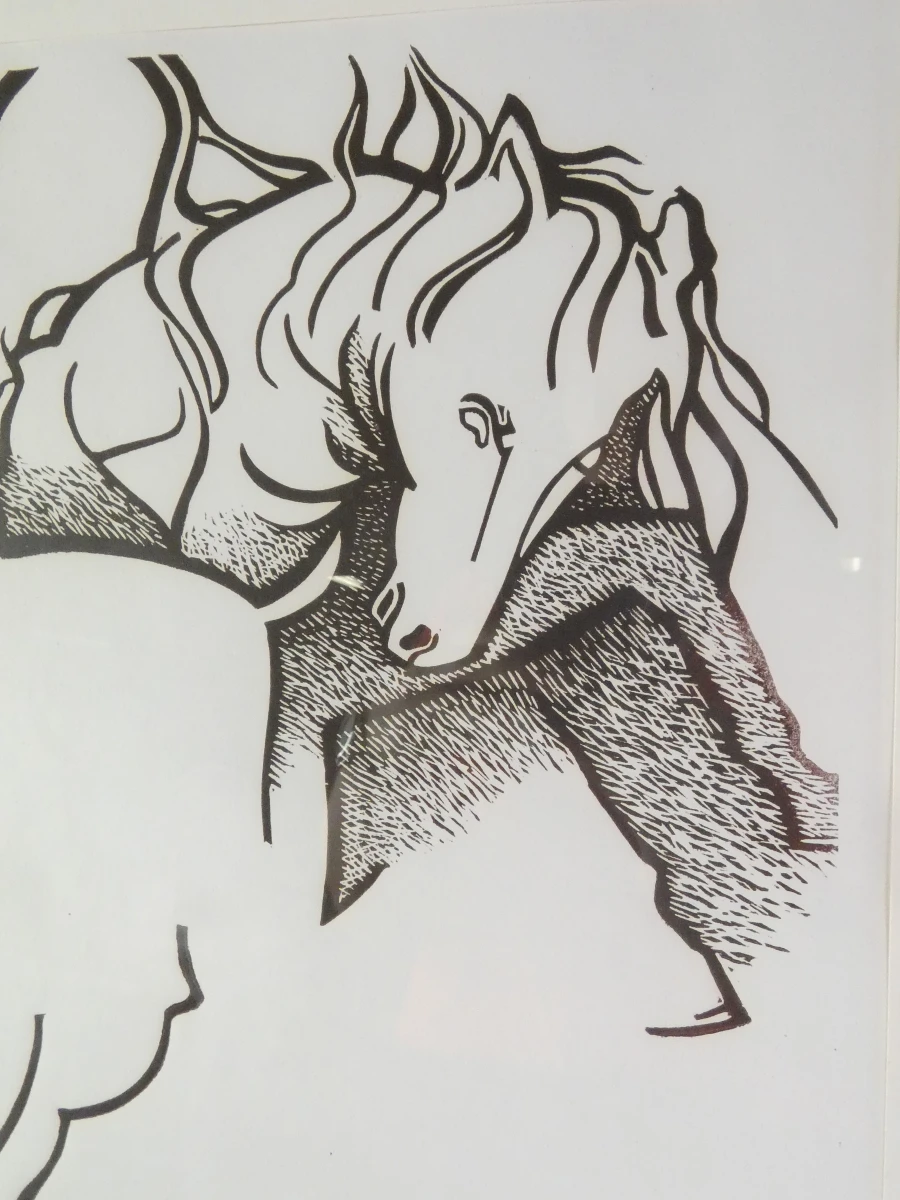 Linosnede van paard en ruiter, gesigneerd Paul Brouwers 1973