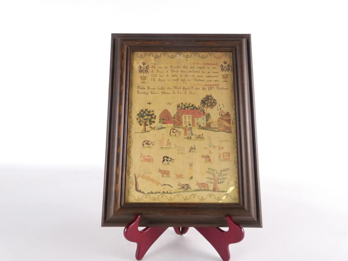 222-jaar geborduurde wanddecoratie in houten lijst, (06.04.1804)