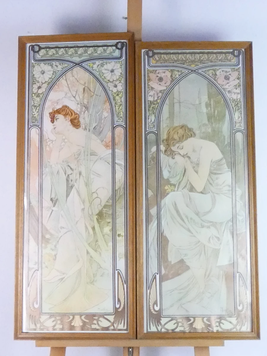 Set van 2 ingelijste Art Nouveau-lithografieën naar Alphonse Mucha – Les Heures du Jour