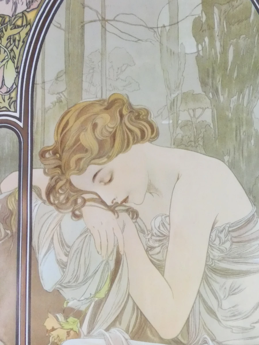 Set van 2 ingelijste Art Nouveau-lithografieën naar Alphonse Mucha – Les Heures du Jour