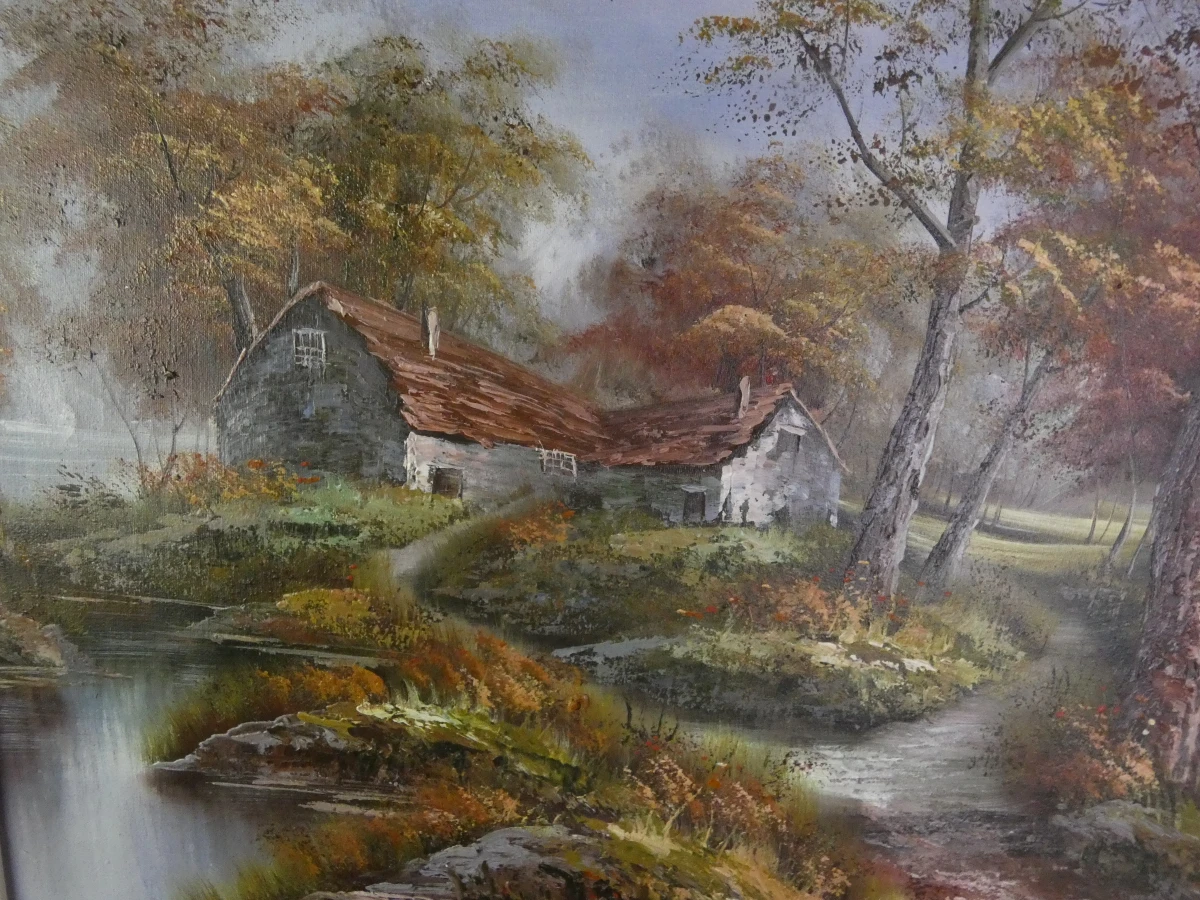 Schilderij landschap met huis en rivier in houten lijst