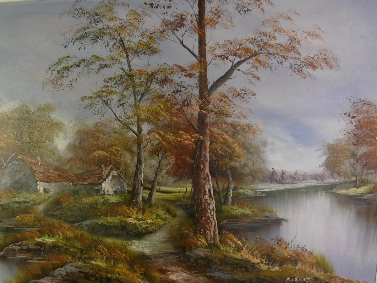 Schilderij landschap met huis en rivier in houten lijst