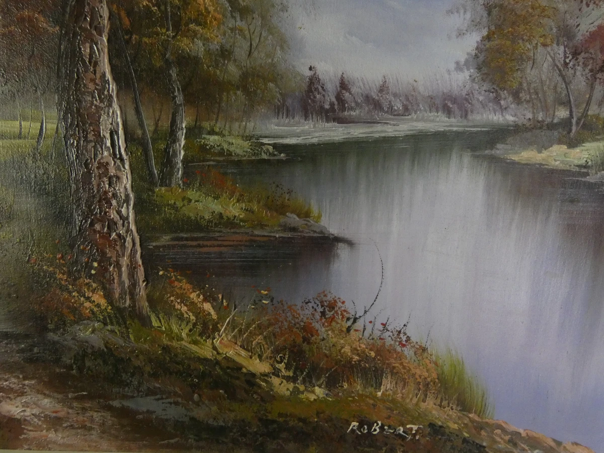 Schilderij landschap met huis en rivier in houten lijst