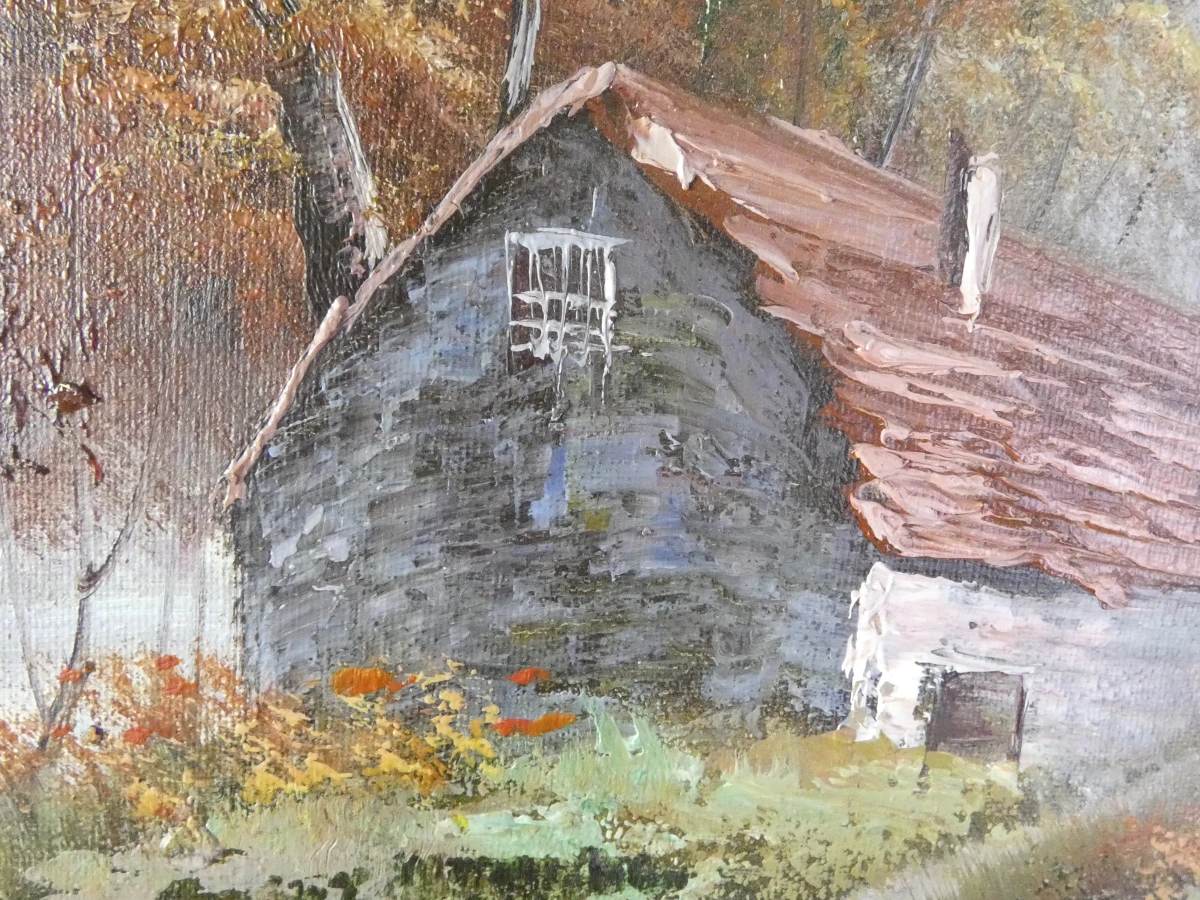 Schilderij landschap met huis en rivier in houten lijst