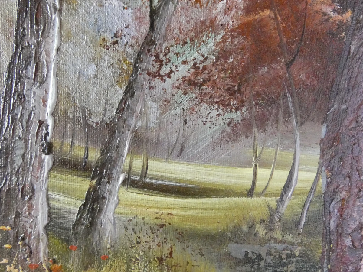 Schilderij landschap met huis en rivier in houten lijst