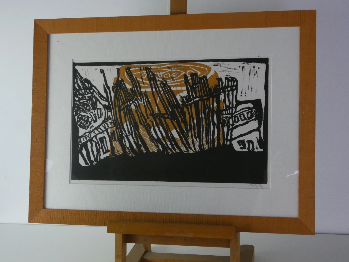 Abstracte ingelijste kunstdruk in zwart en oker