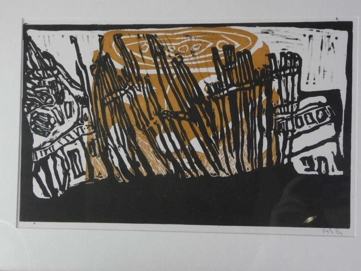 Abstracte ingelijste kunstdruk in zwart en oker