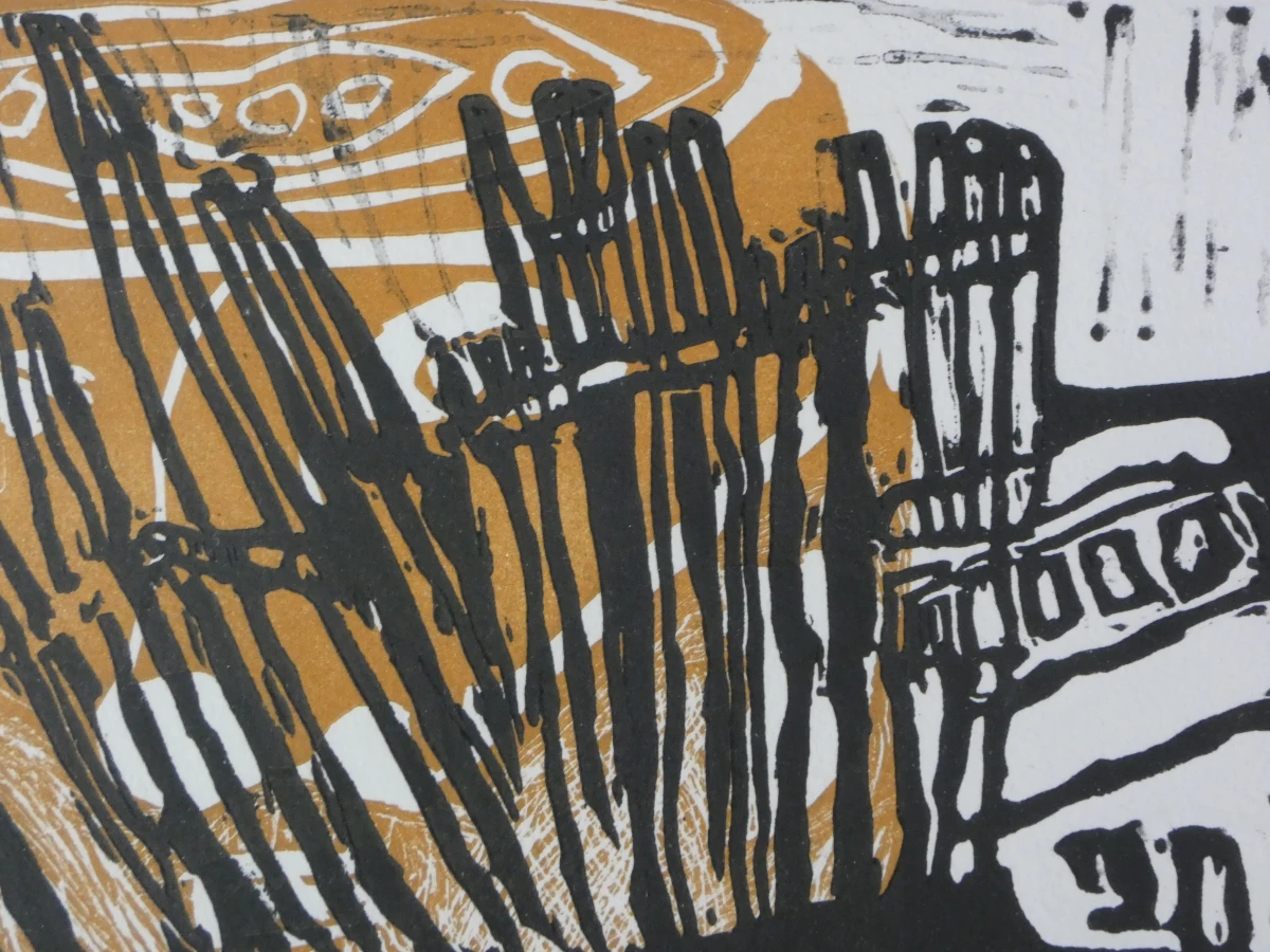 Abstracte ingelijste kunstdruk in zwart en oker