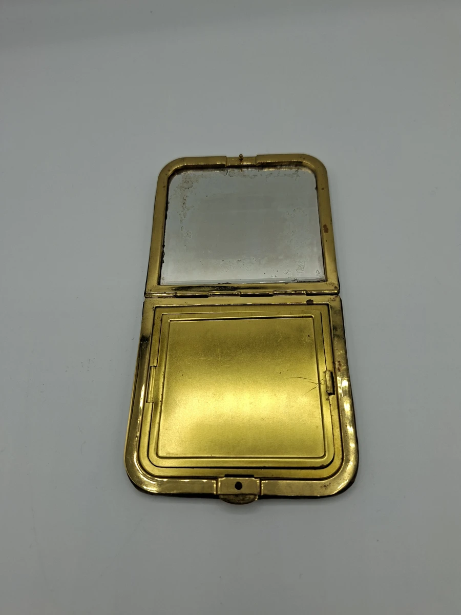 Elegante Vintage Lederen Poederdoos / Compact Met Spiegel – Schildpadmotief & Gouddecoratie - foto 3