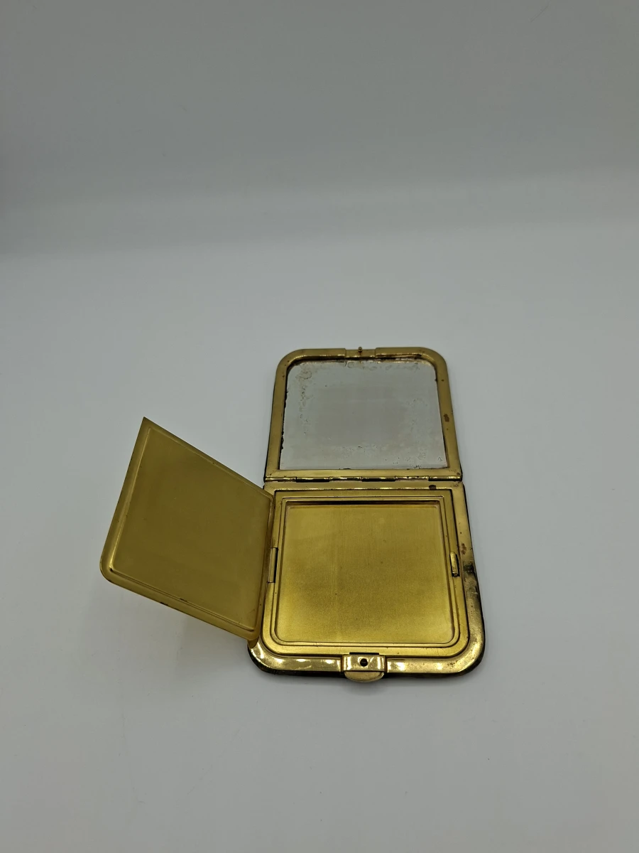 Elegante Vintage Lederen Poederdoos / Compact Met Spiegel – Schildpadmotief & Gouddecoratie - foto 2