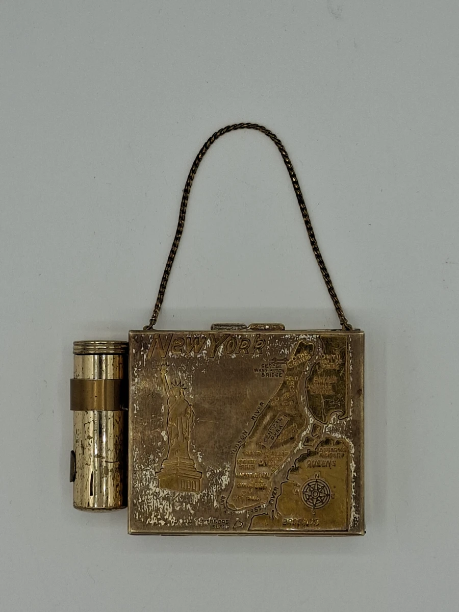💄 Exclusieve Vintage Mid-Century Dames Carryall Compact – New York Reliëf, Spiegel & Lippenstifthouder 🪞 - foto 2