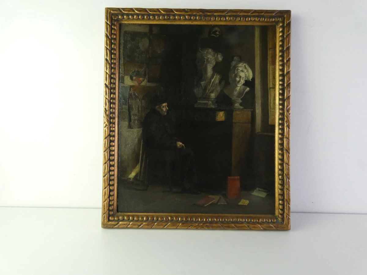 Oud olieverfschilderij - In een beeldhouwersatelier - E. Péquin