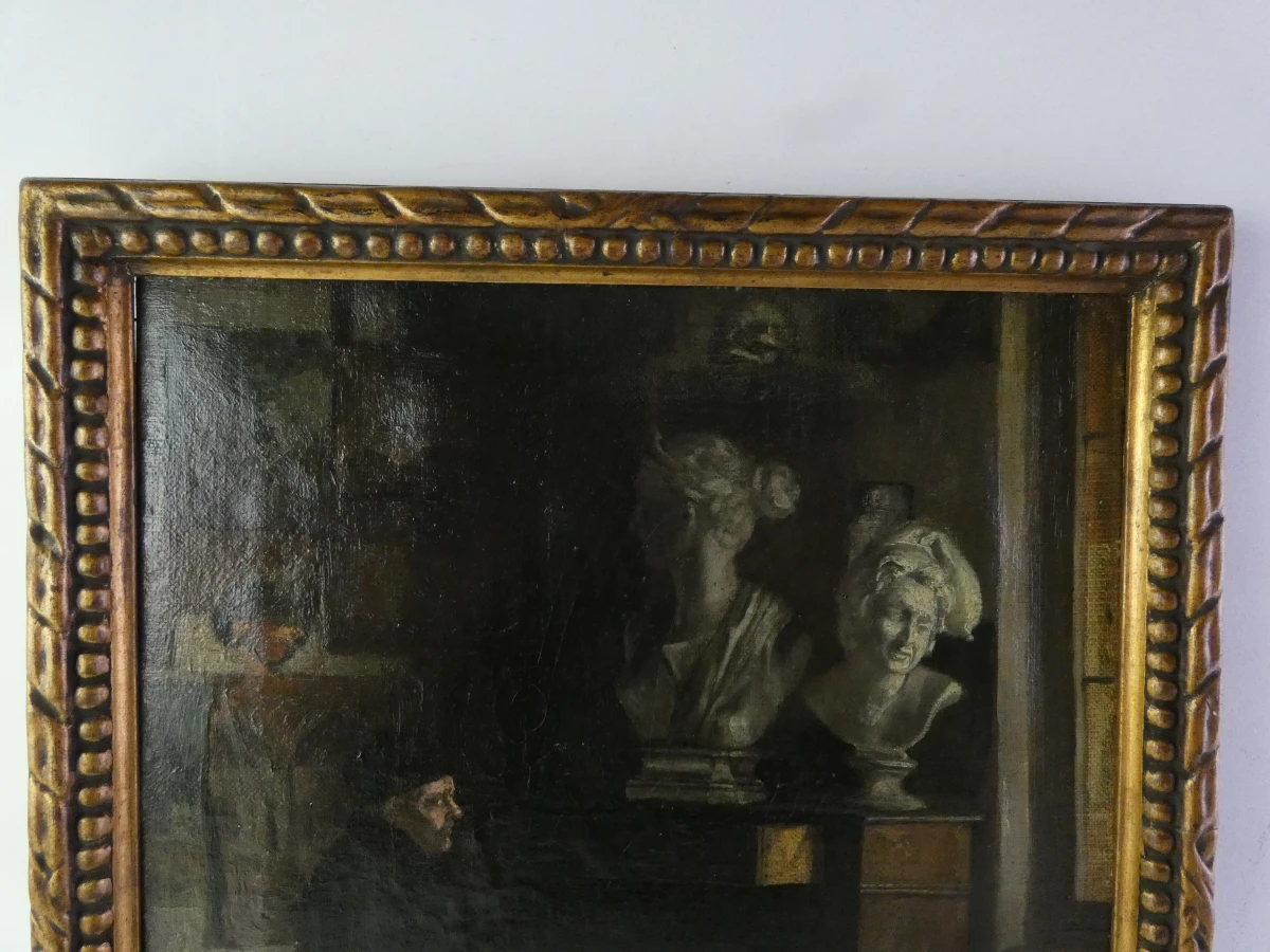 Oud olieverfschilderij - In een beeldhouwersatelier - E. Péquin