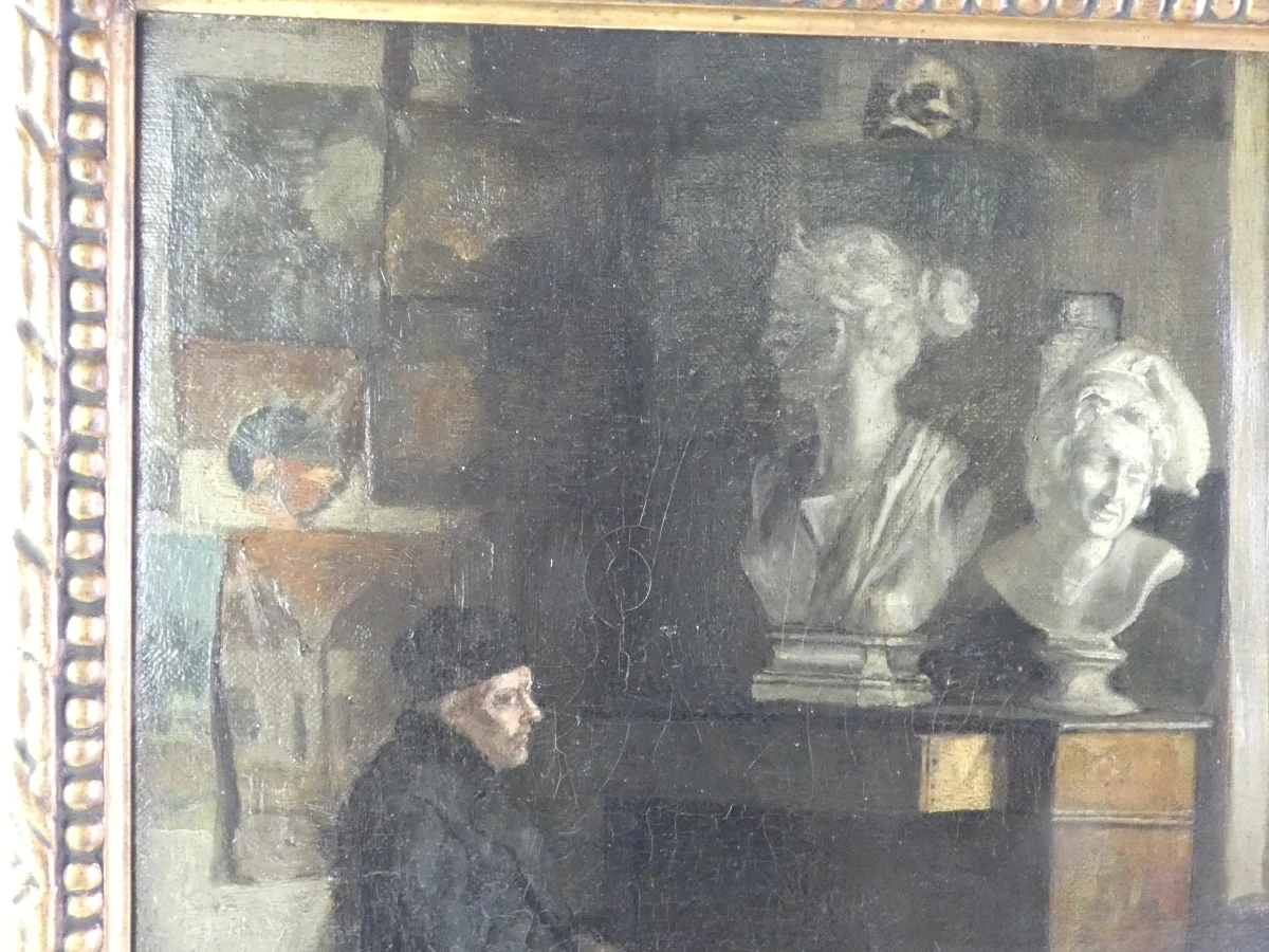 Oud olieverfschilderij - In een beeldhouwersatelier - E. Péquin