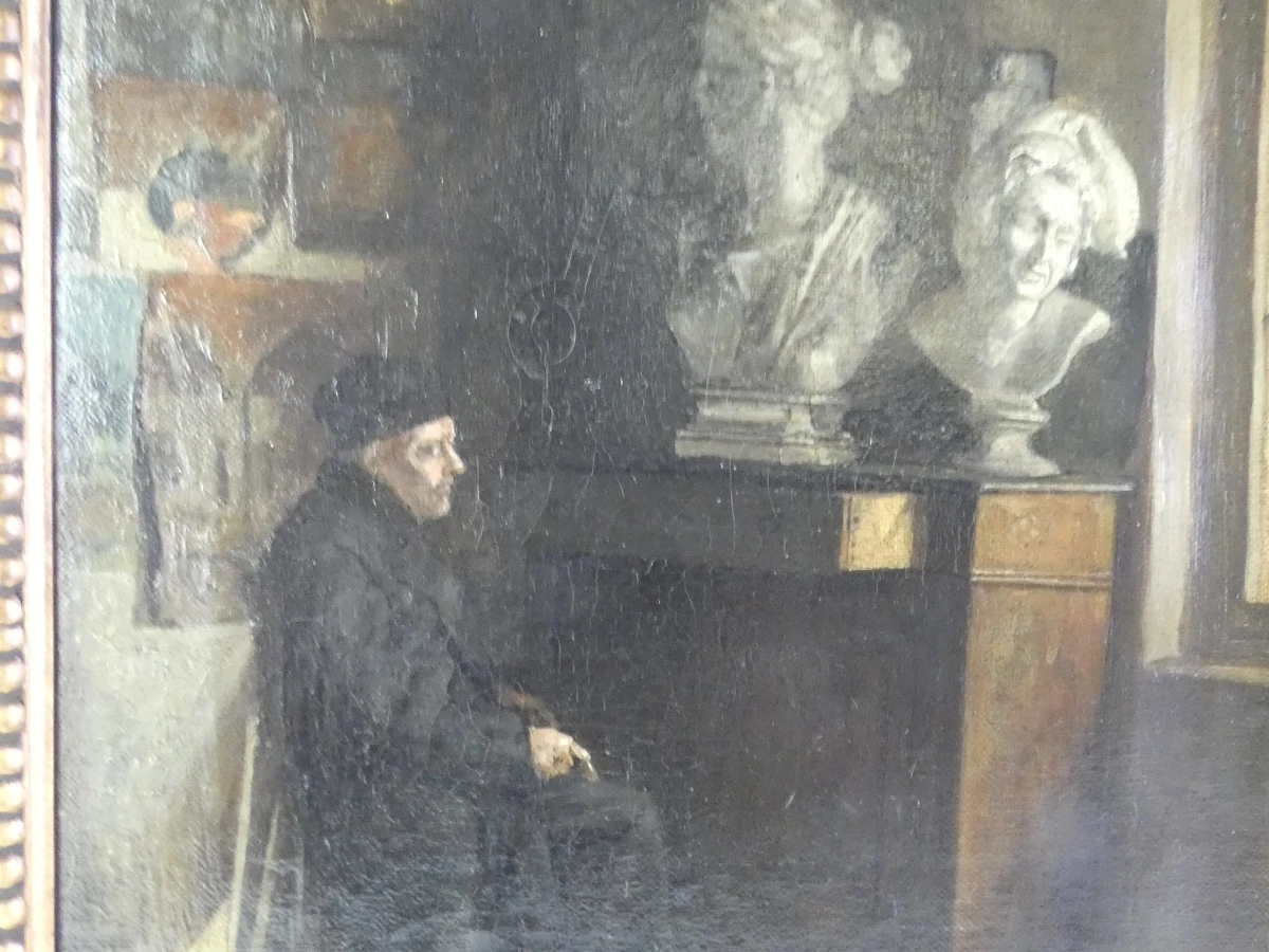 Oud olieverfschilderij - In een beeldhouwersatelier - E. Péquin