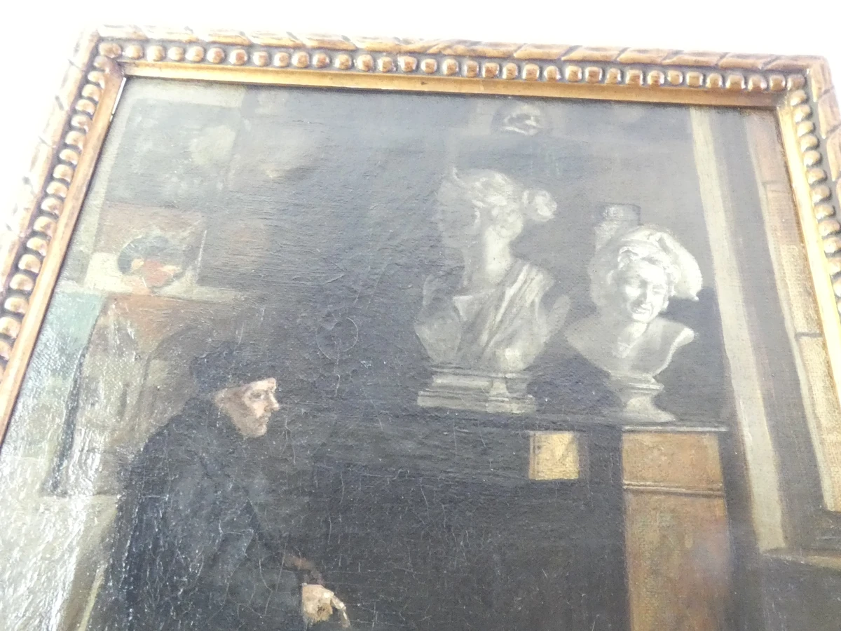 Oud olieverfschilderij - In een beeldhouwersatelier - E. Péquin
