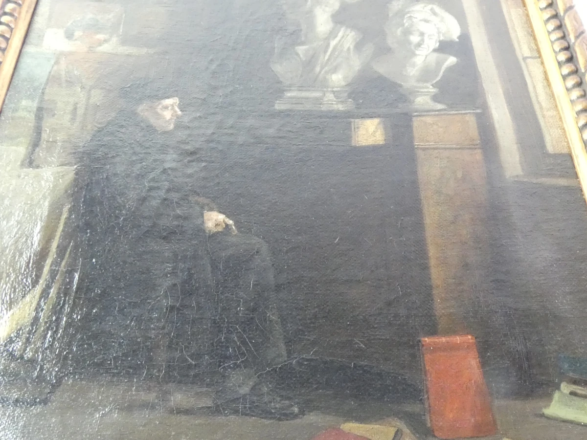 Oud olieverfschilderij - In een beeldhouwersatelier - E. Péquin