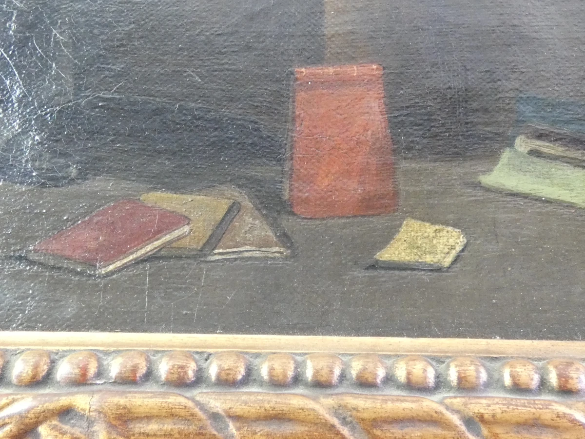 Oud olieverfschilderij - In een beeldhouwersatelier - E. Péquin