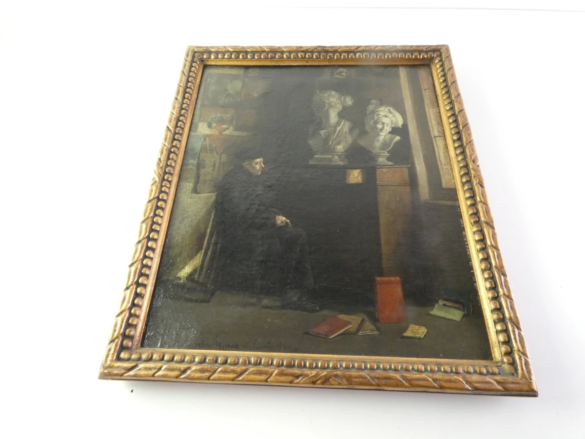 Oud olieverfschilderij - In een beeldhouwersatelier - E. Péquin