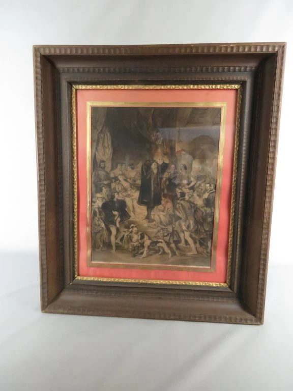 Ingelijste gravure "Geboorte van Henri IV" naar Eugène Devéria door Edmond Ramus