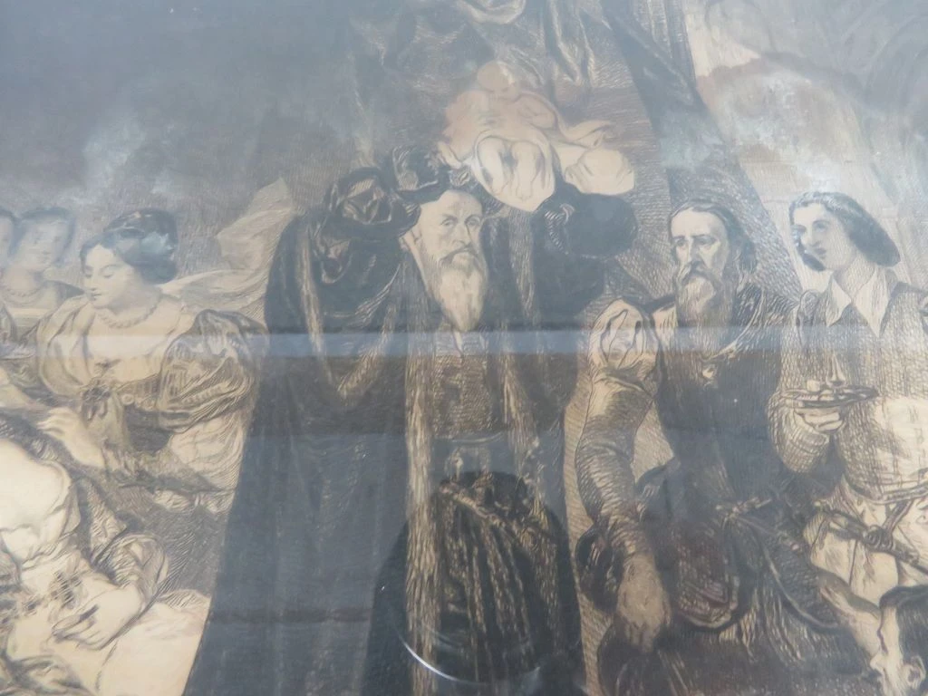 Ingelijste gravure "Geboorte van Henri IV" naar Eugène Devéria door Edmond Ramus