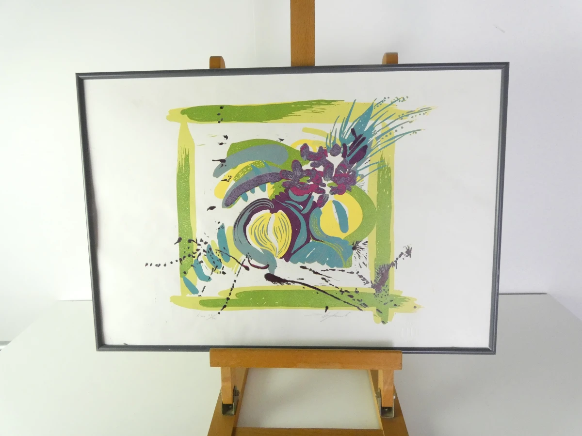 Abstracte felgekleurde ingelijste lino – genummerd 56/80 en gesigneerd