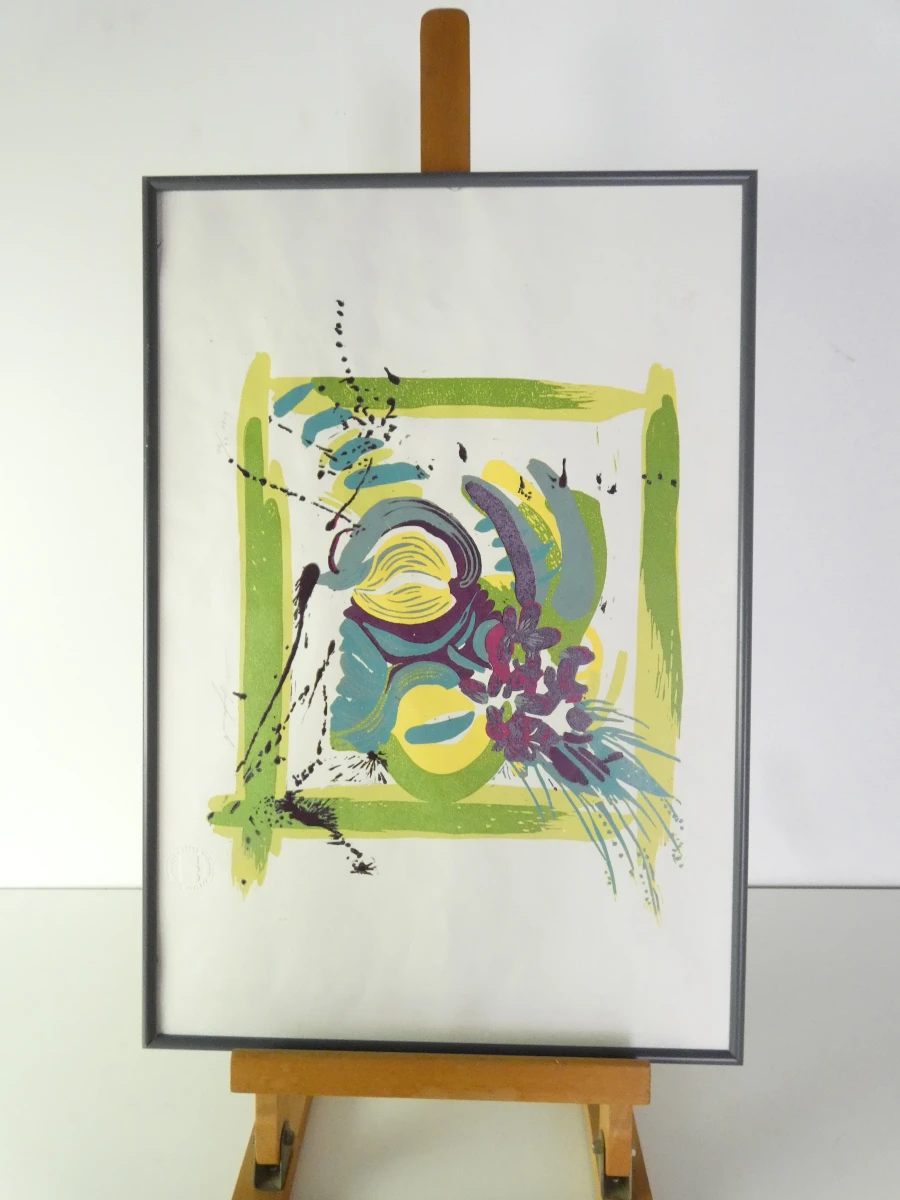 Abstracte felgekleurde ingelijste lino – genummerd 56/80 en gesigneerd