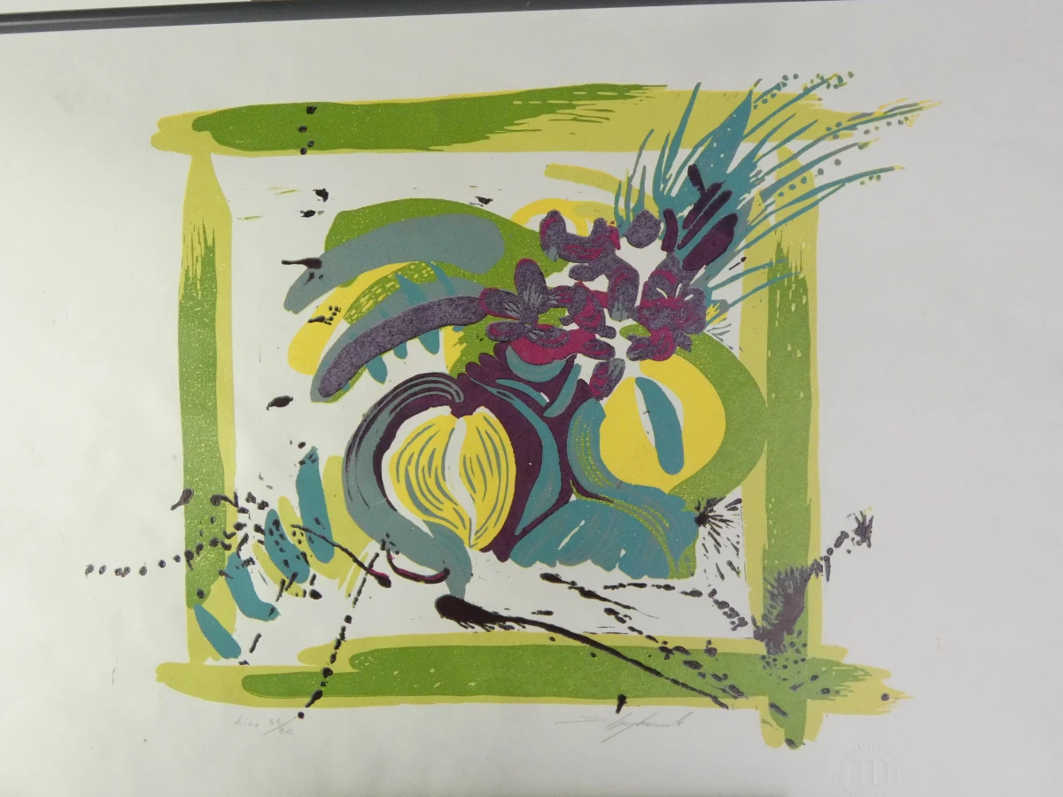 Abstracte felgekleurde ingelijste lino – genummerd 56/80 en gesigneerd