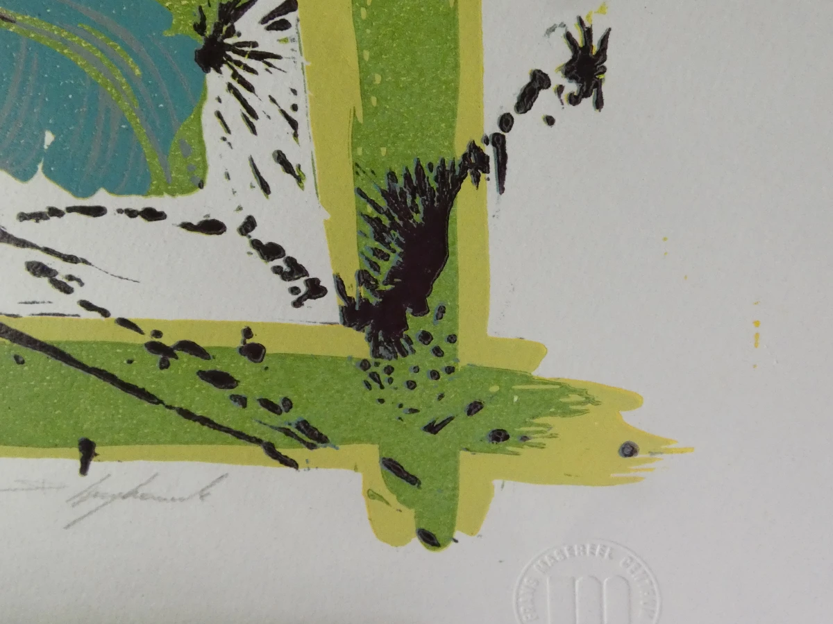 Abstracte felgekleurde ingelijste lino – genummerd 56/80 en gesigneerd