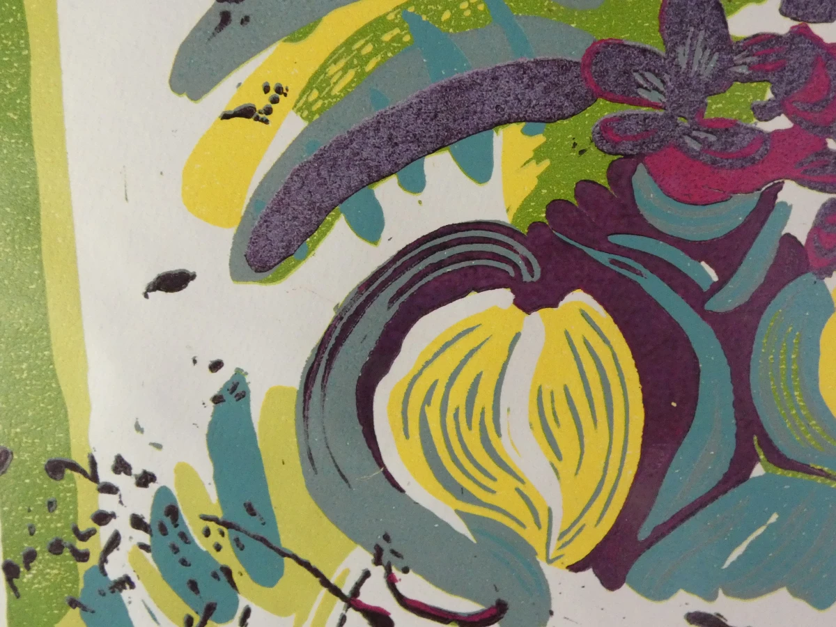 Abstracte felgekleurde ingelijste lino – genummerd 56/80 en gesigneerd