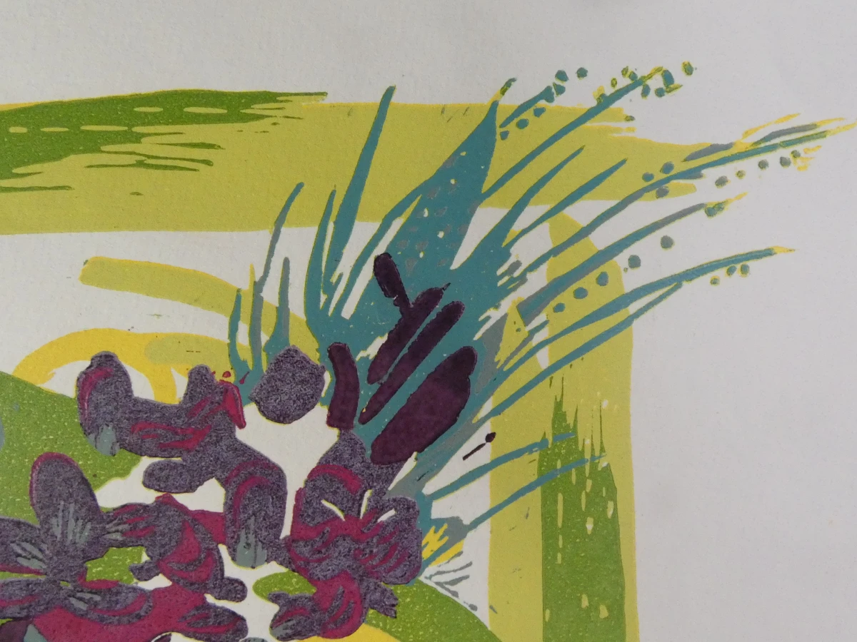 Abstracte felgekleurde ingelijste lino – genummerd 56/80 en gesigneerd