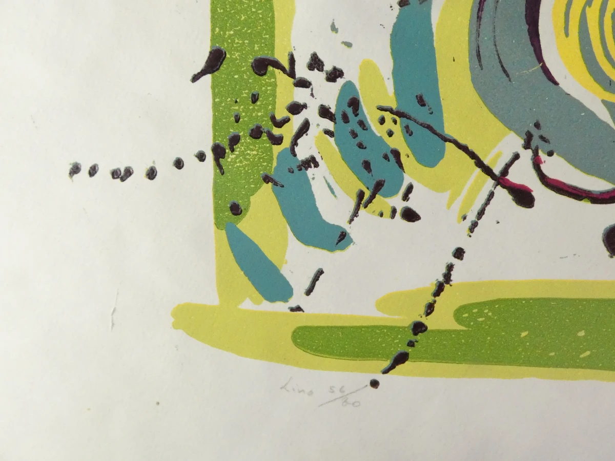 Abstracte felgekleurde ingelijste lino – genummerd 56/80 en gesigneerd
