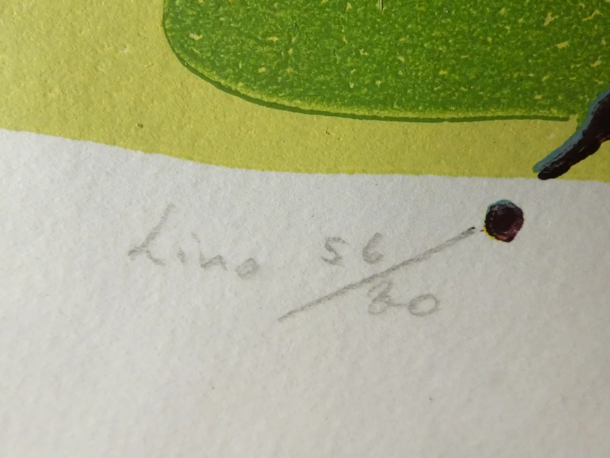 Abstracte felgekleurde ingelijste lino – genummerd 56/80 en gesigneerd