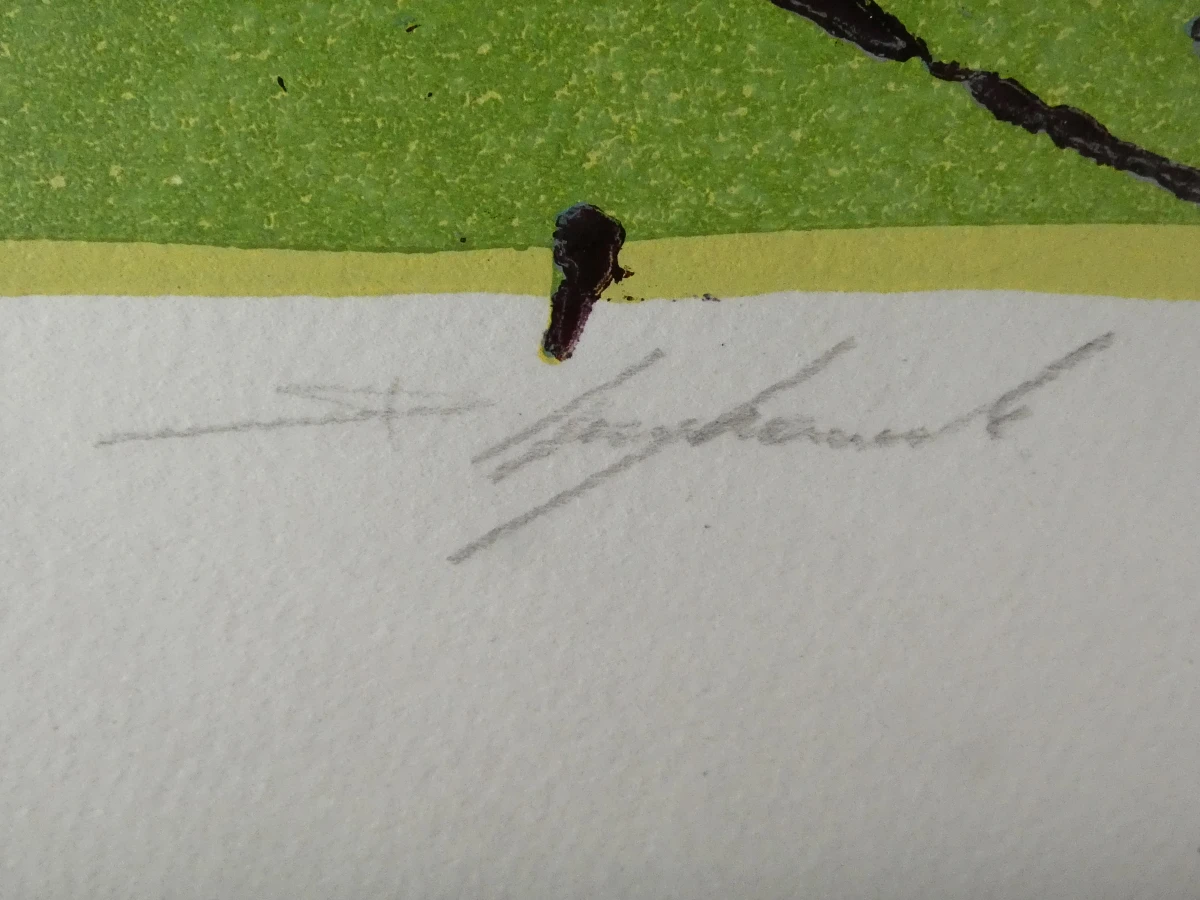 Abstracte felgekleurde ingelijste lino – genummerd 56/80 en gesigneerd
