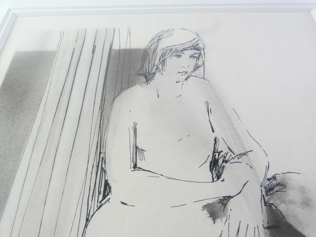 Pen-en-inkttekening van zittende vrouw