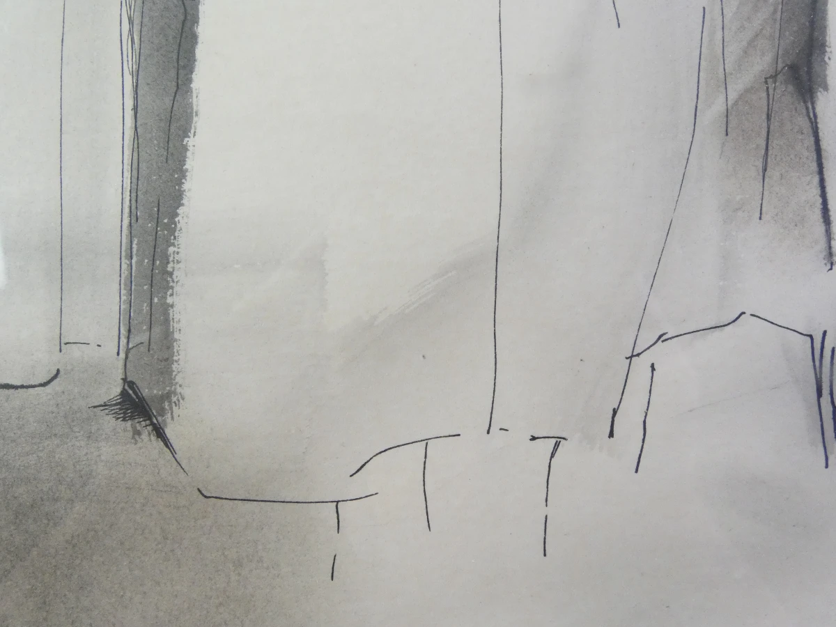 Pen-en-inkttekening van zittende vrouw
