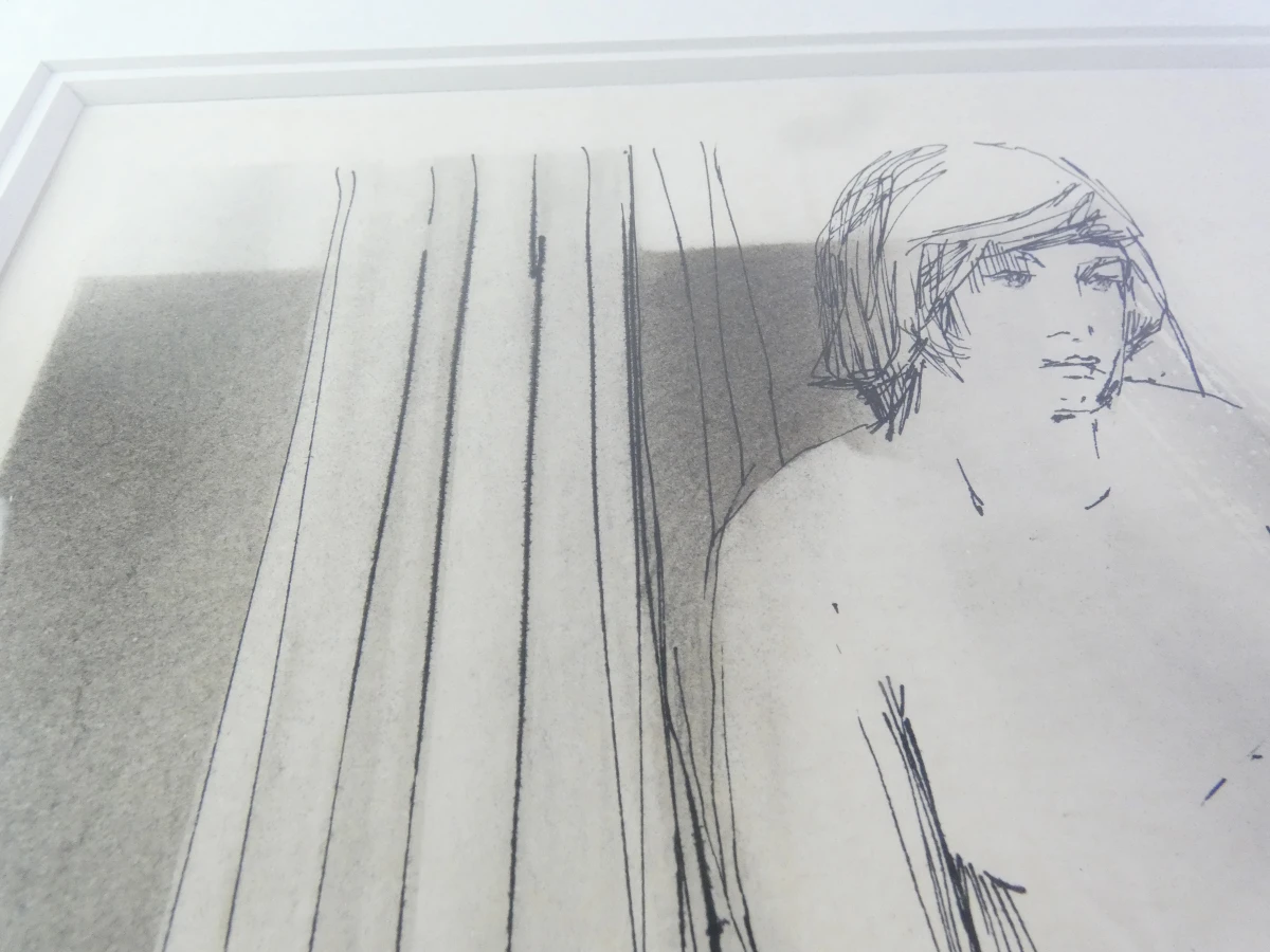 Pen-en-inkttekening van zittende vrouw