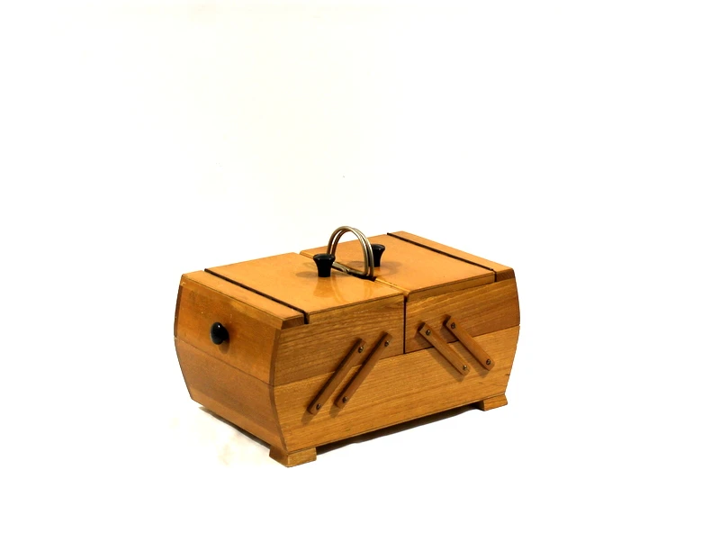 Vintage houten harmonica naaidoos ca. 1960–1970
