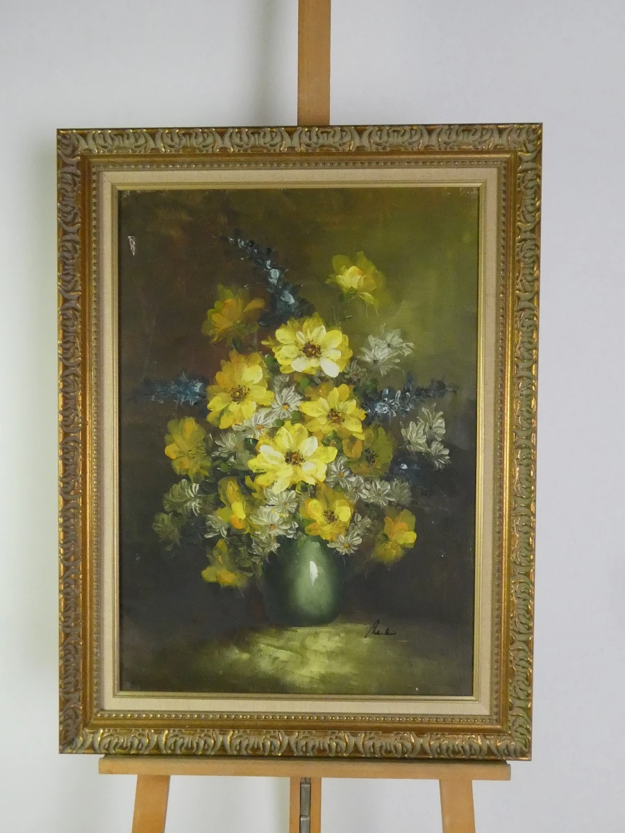 Schilderij met gele bloemen in groene vaas