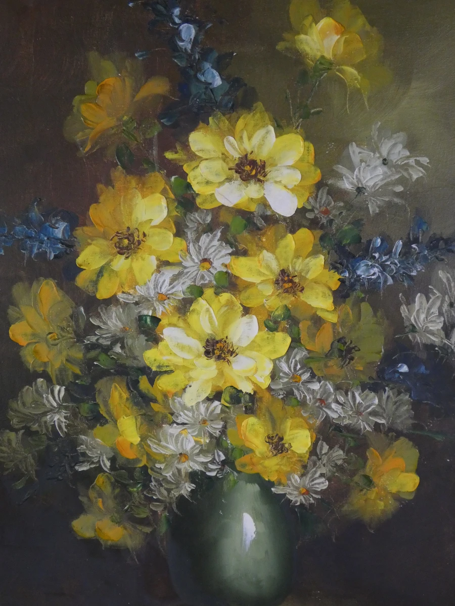 Schilderij met gele bloemen in groene vaas