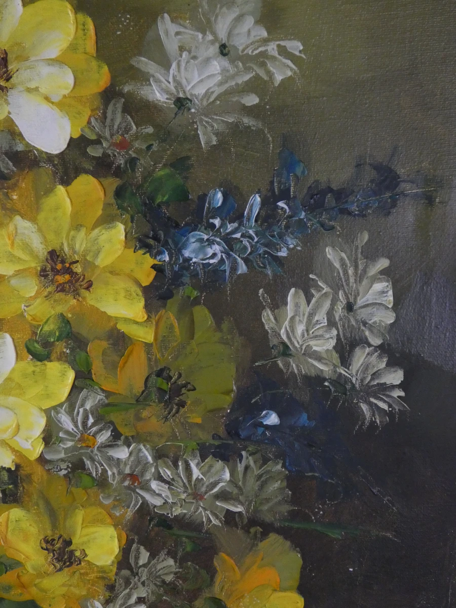 Schilderij met gele bloemen in groene vaas