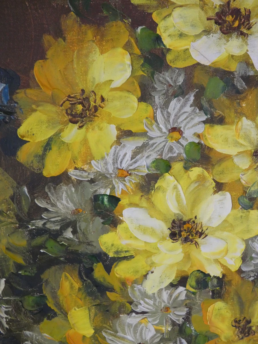 Schilderij met gele bloemen in groene vaas