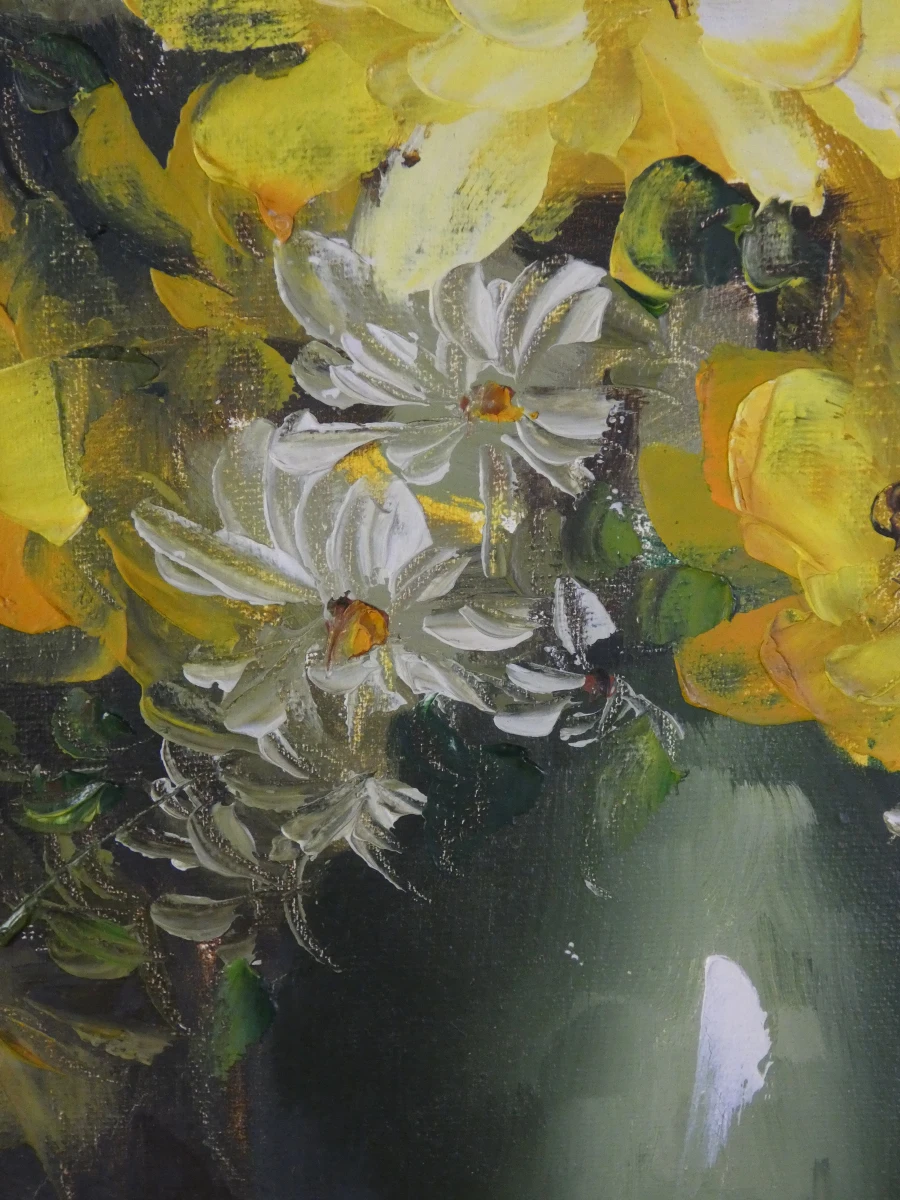 Schilderij met gele bloemen in groene vaas
