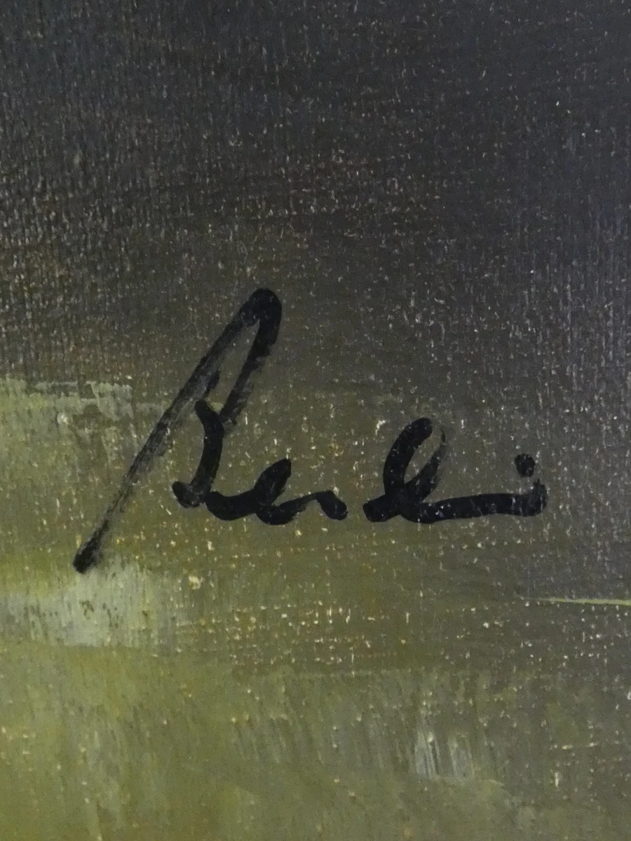 Schilderij met gele bloemen in groene vaas