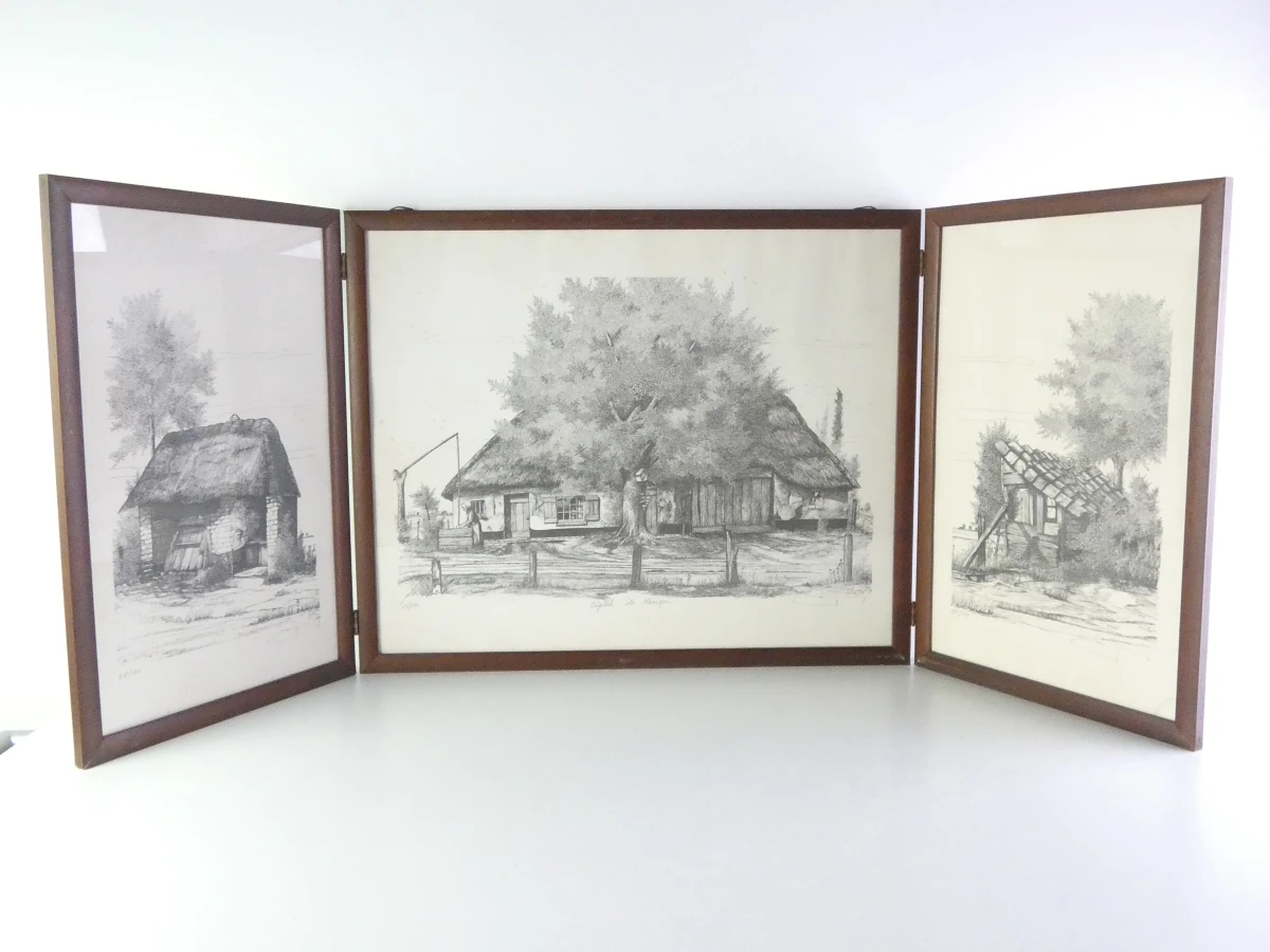 Triptychon met pentekeningen van landelijke huizen, 25/100