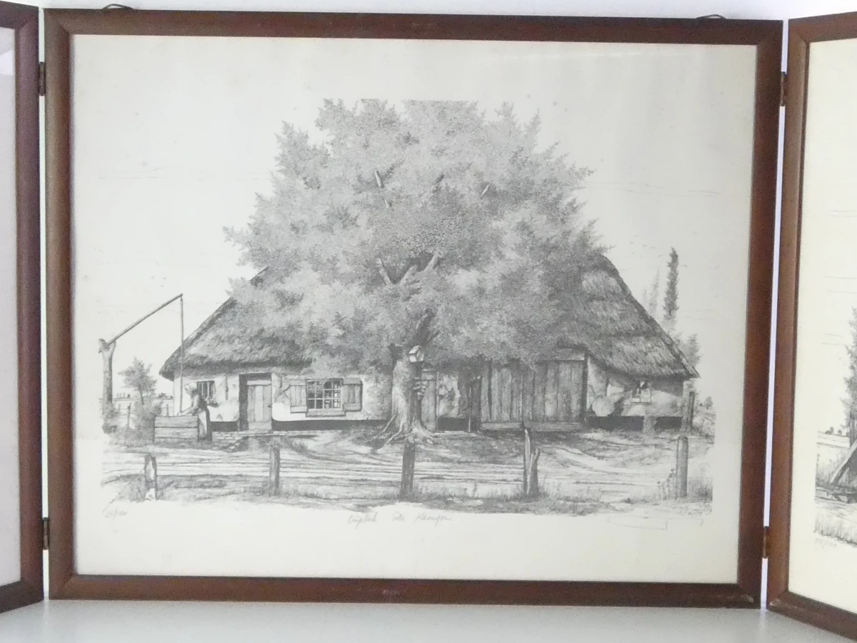 Triptychon met pentekeningen van landelijke huizen, 25/100