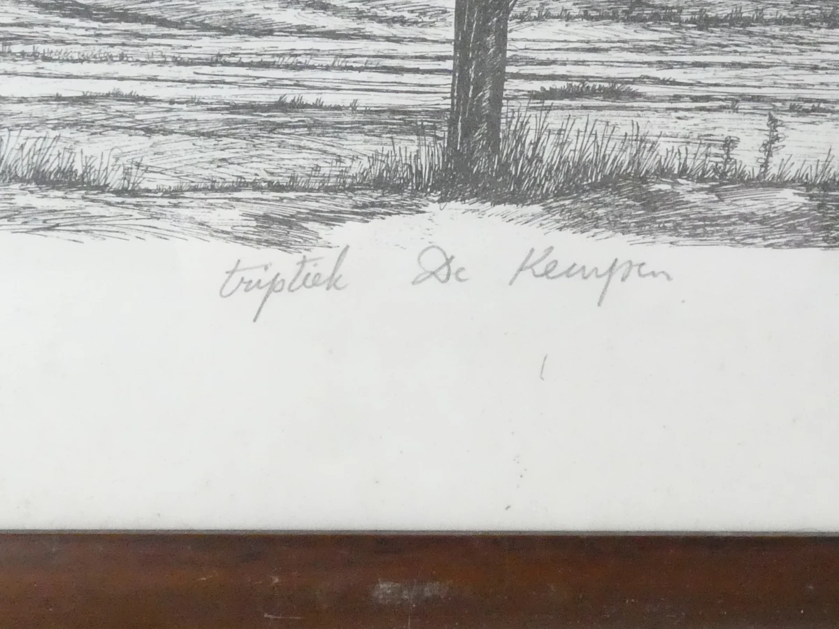 Triptychon met pentekeningen van landelijke huizen, 25/100