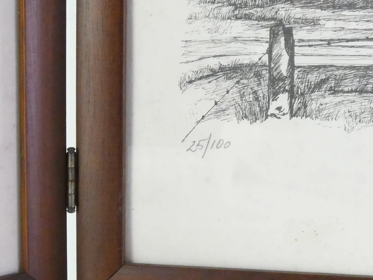 Triptychon met pentekeningen van landelijke huizen, 25/100