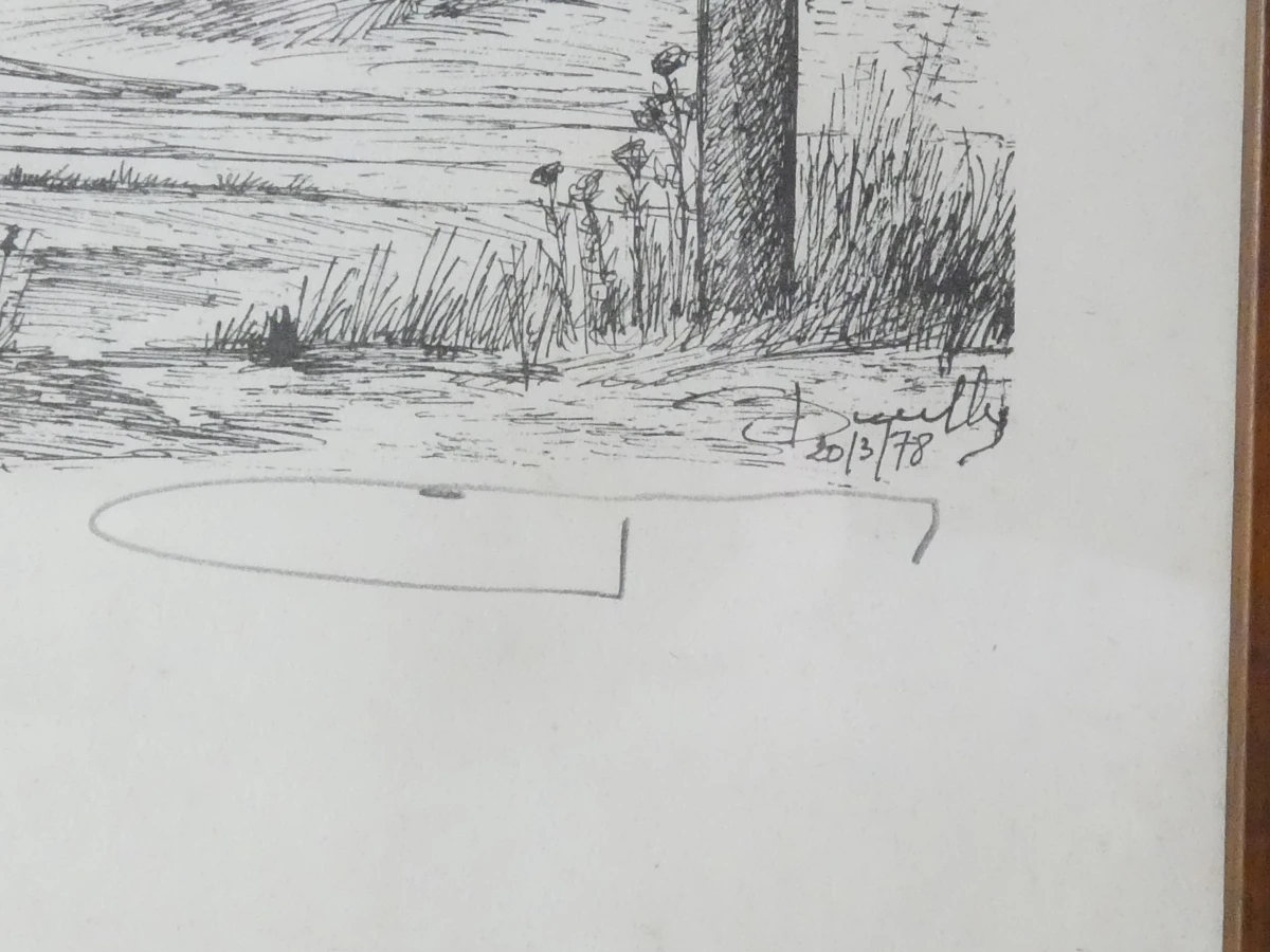 Triptychon met pentekeningen van landelijke huizen, 25/100